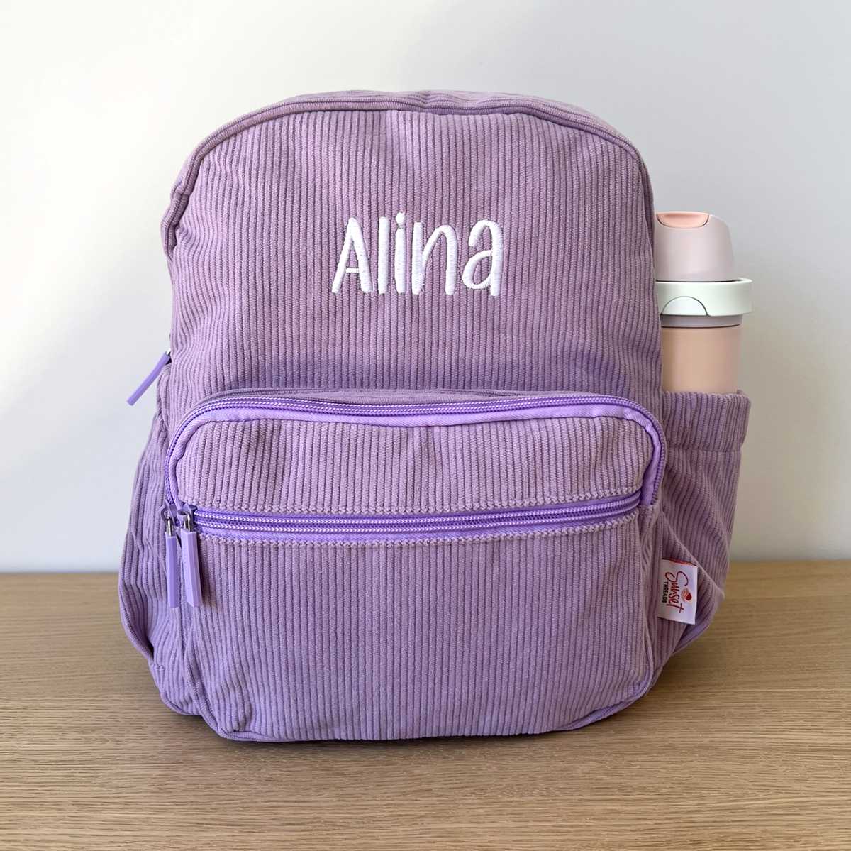 Purple Corduroy Backpack with Alina personalised in embroidery