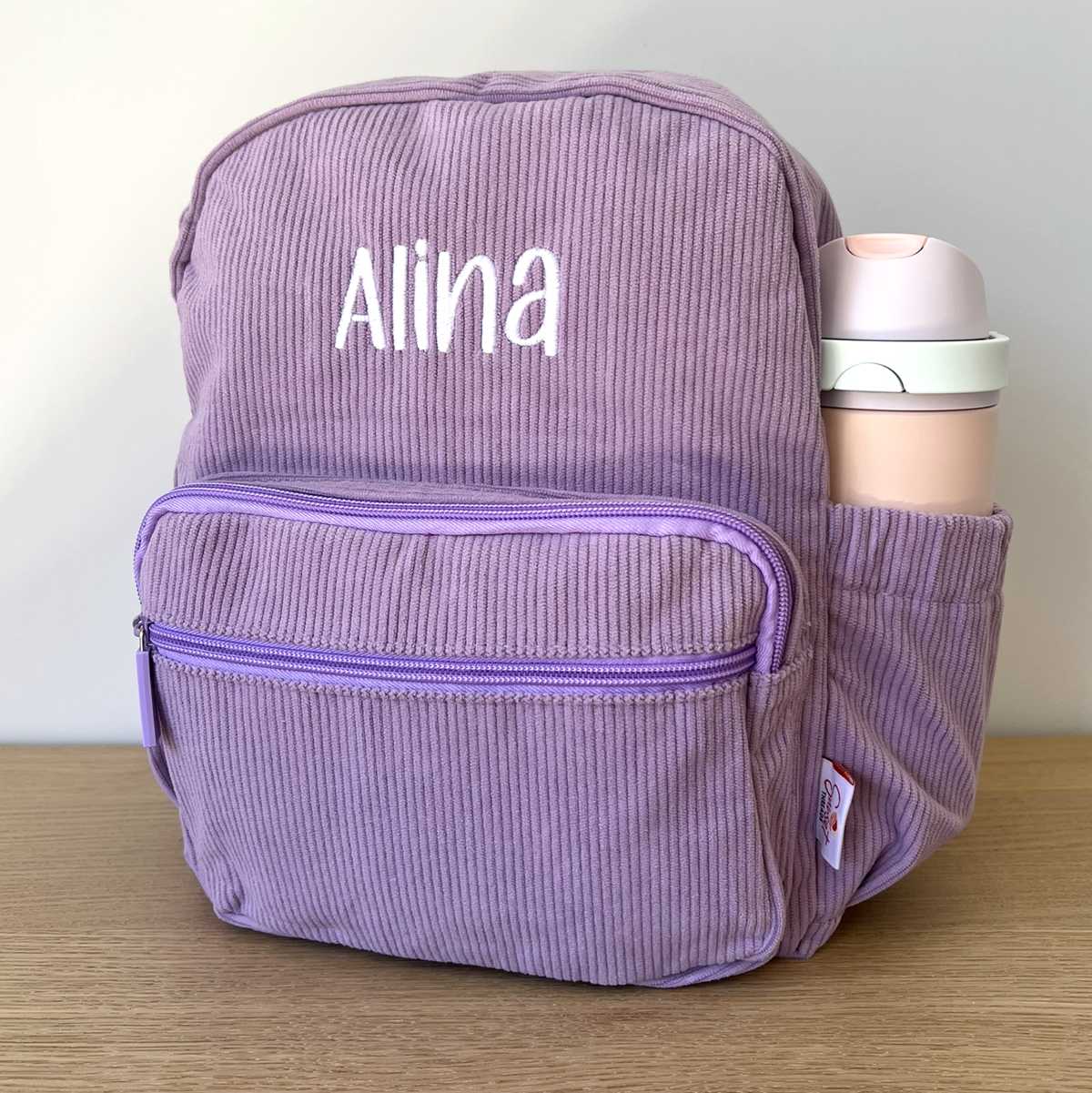 Purple Corduroy Kids Personalised Backpack with Custom Purple Embroidered Name Alina