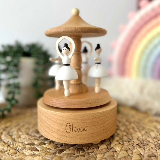Custom laser engraved wooden musical ballerina carouselwith name Olivia