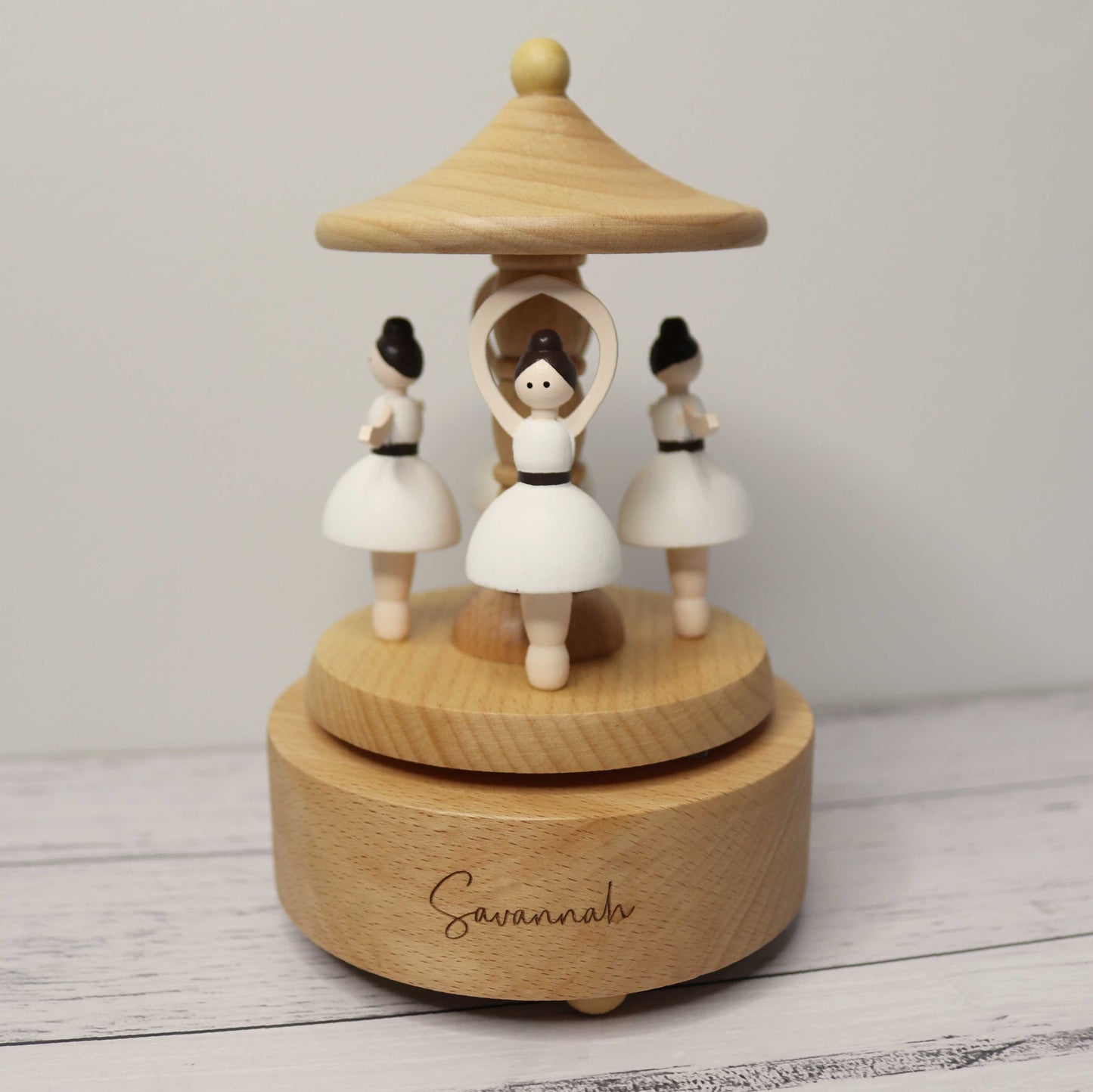 Personalised Wooden Ballerina Musical Carousel with Custom Laser Engraving for Savannah