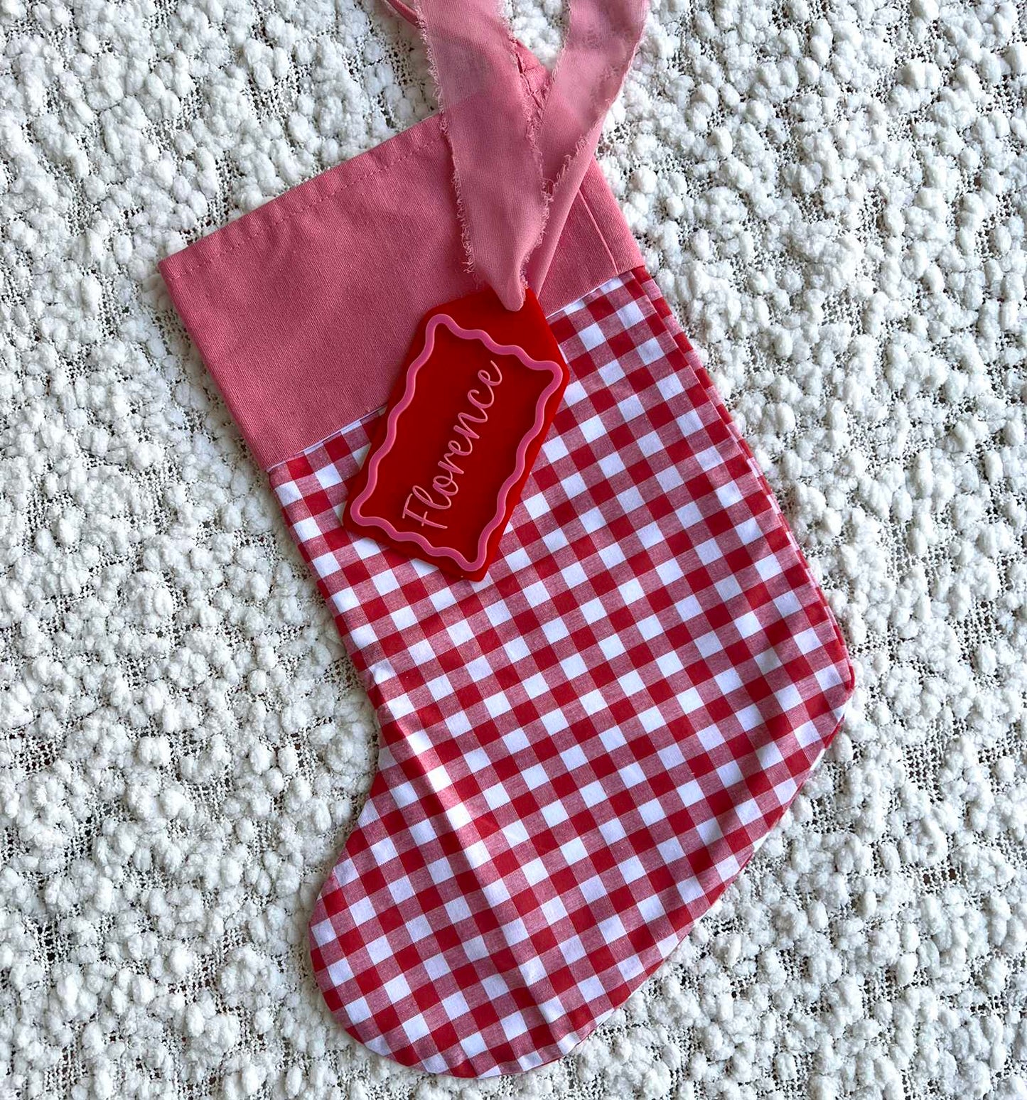 Red Gingham Christmas Stocking with Matching Pink and Red Acrylic Name Tag
