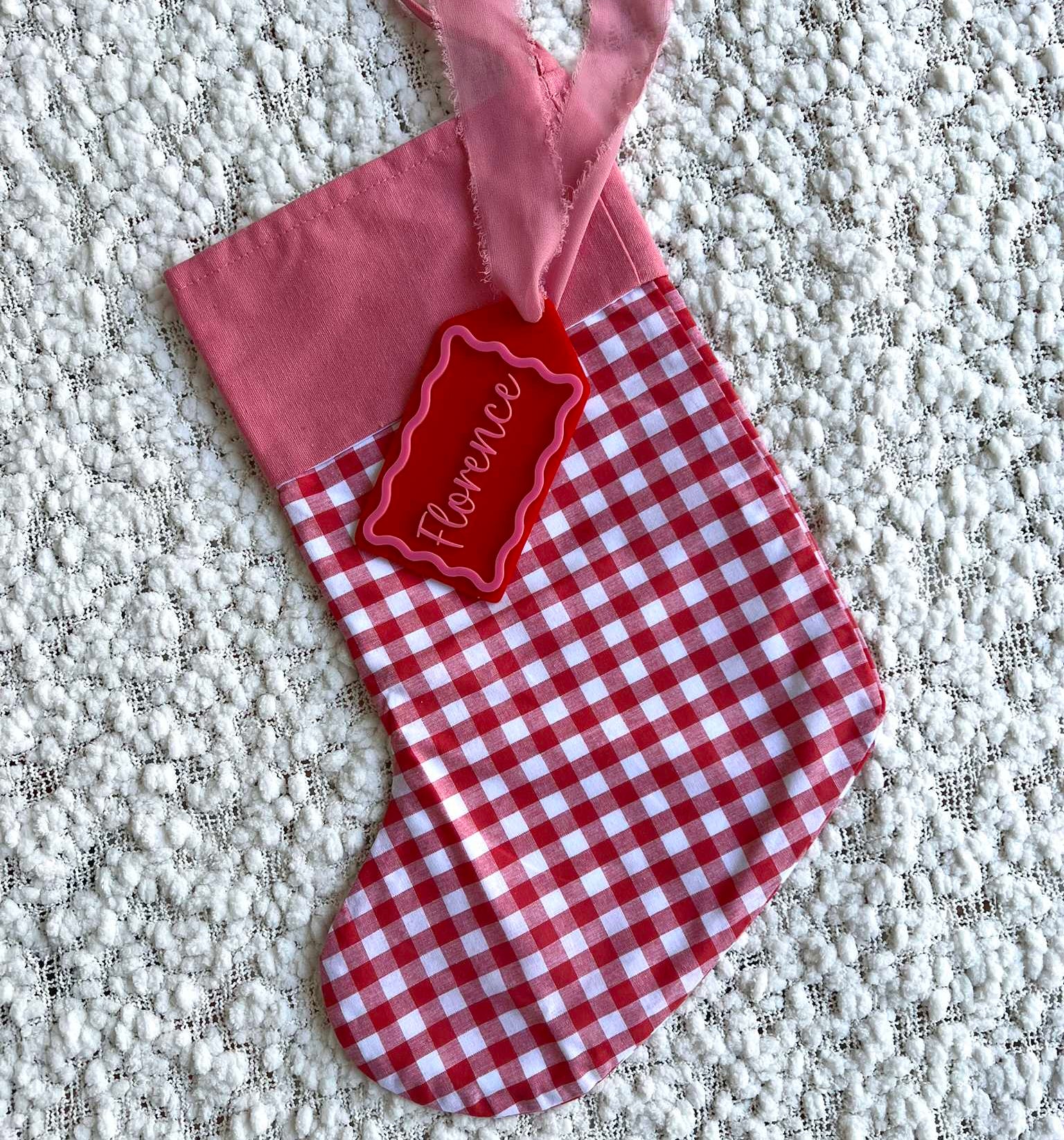 Red Gingham Christmas Stocking with Matching Pink and Red Acrylic Name Tag