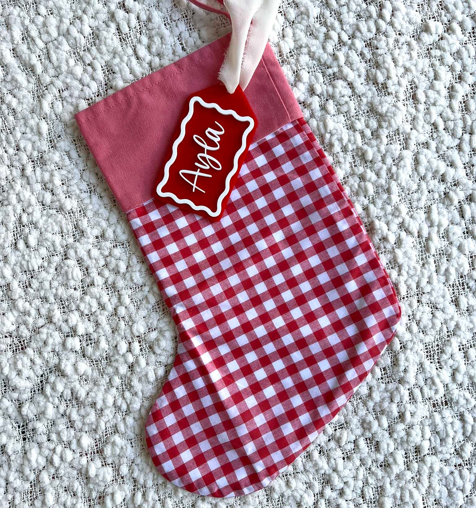 Red Gingham Christmas Stocking with Red and White Matching Acrylic Name Tag