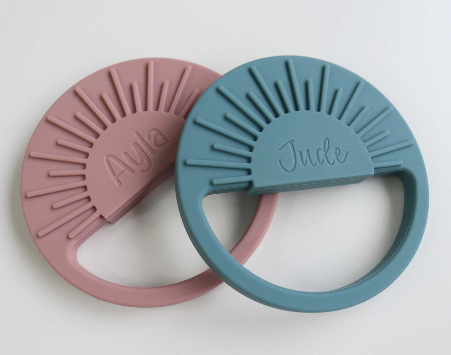 Personalised Silicone Sun Teether in Blush Pink and Ocean Colours for Jude and Ayla