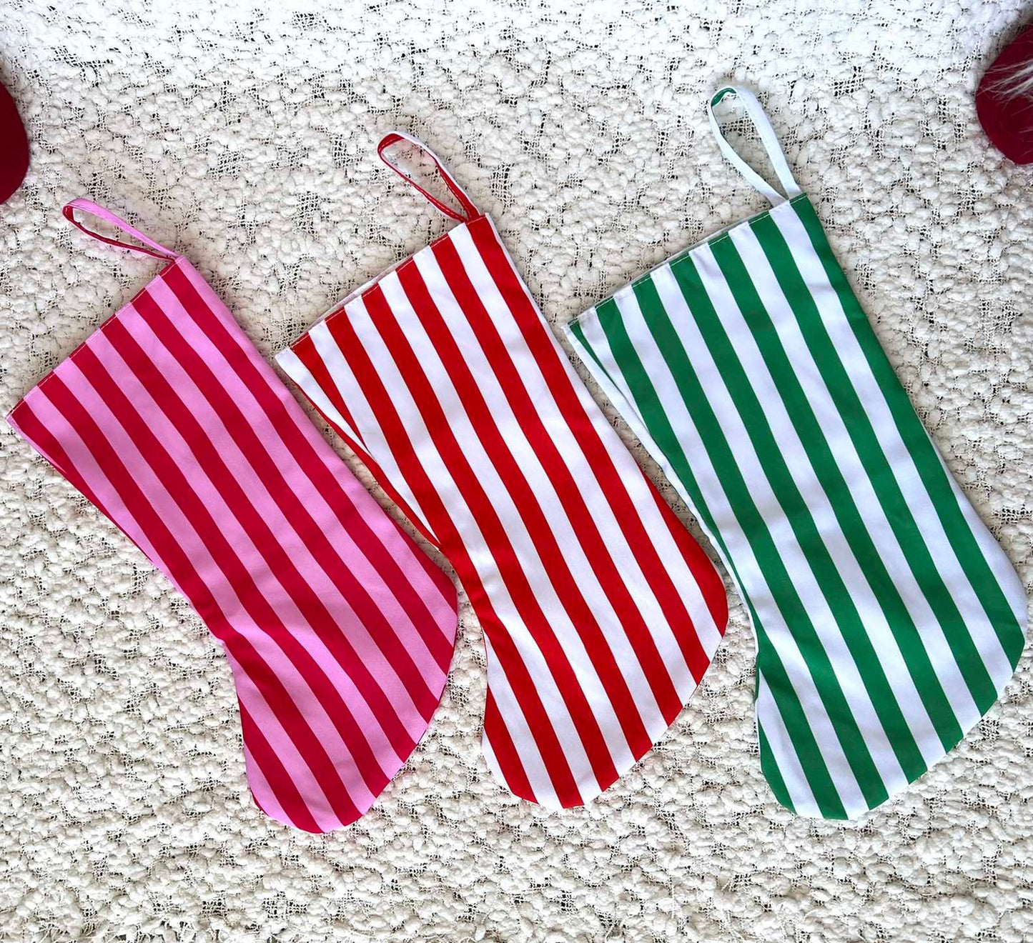 Candy Cane Stripe Christmas Stockings in Red and Pink Stripe, Red and White Stripe and Green and White Stripe