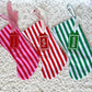 Candy Cane Stripe Christmas Stockings in Red and Pink Stripe, Red and White Stripe and Green and White Stripe with Matching Custom Acrylic Name Tags