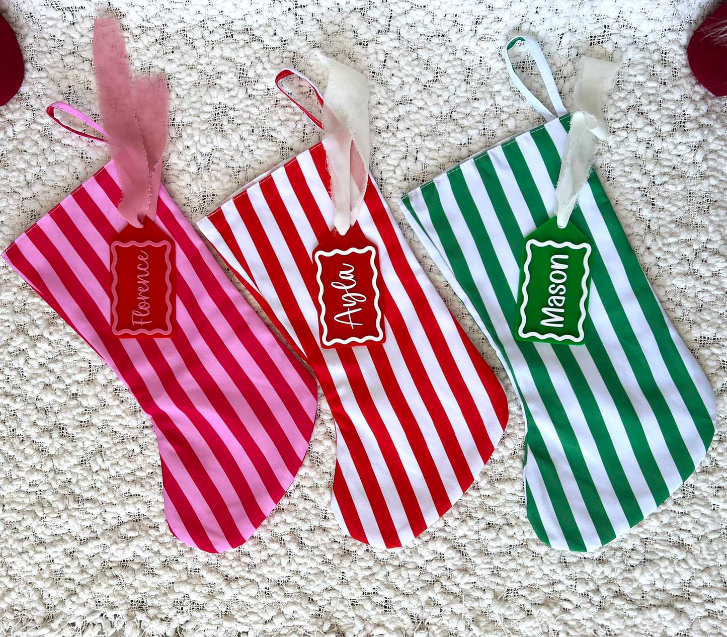 Candy Cane Stripe Christmas Stockings in Red and Pink Stripe, Red and White Stripe and Green and White Stripe with Matching Custom Acrylic Name Tags