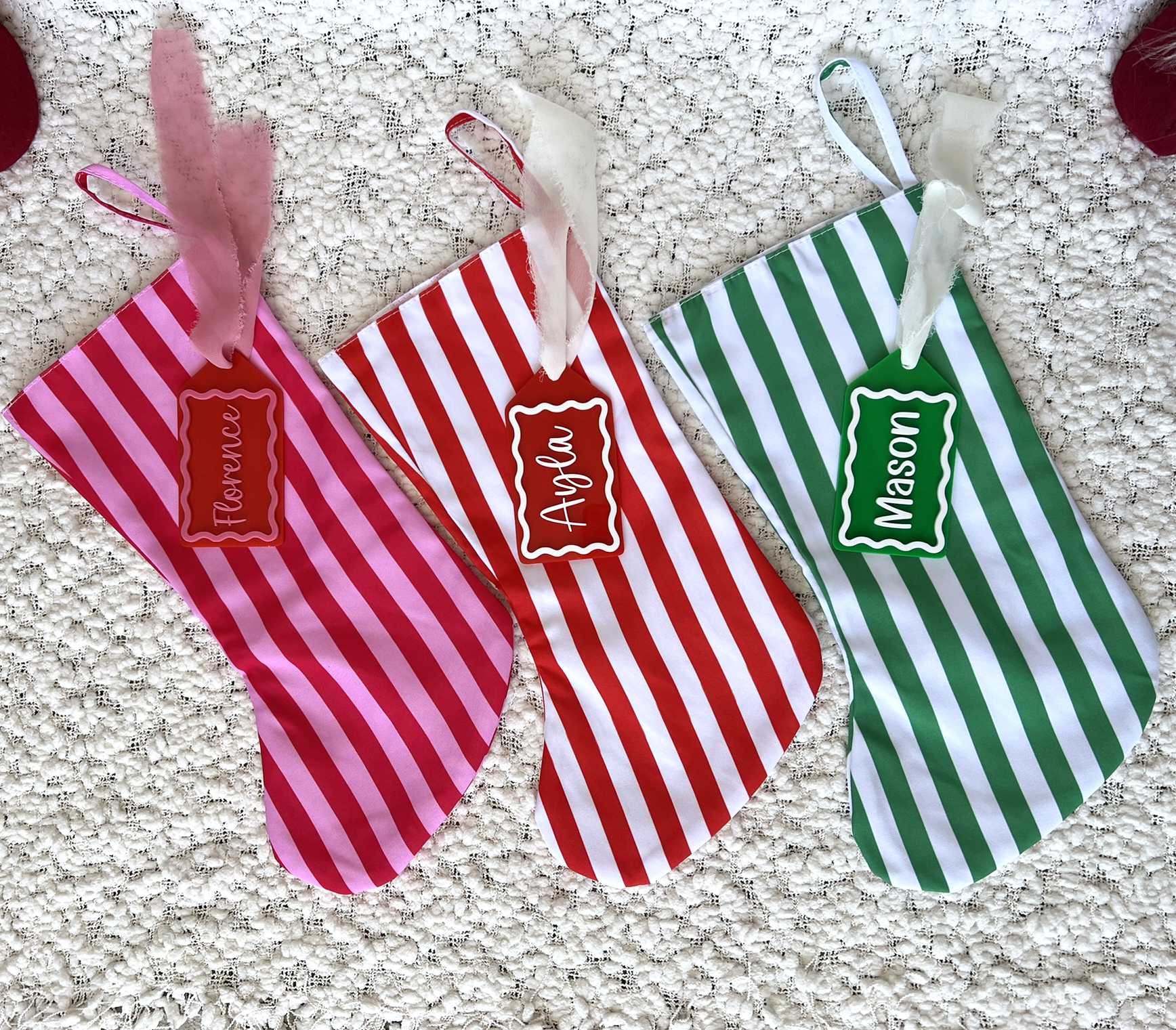 Candy Cane Stripe Christmas Stockings in Red and Pink Stripe, Red and White Stripe and Green and White Stripe with Matching Custom Acrylic Name Tags