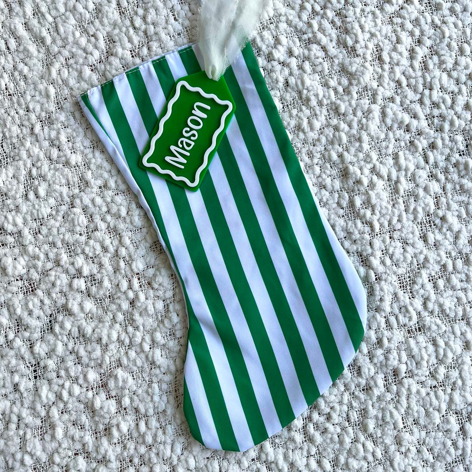 Green and White Stripe Christmas Stocking with Green and White Matching Custom Acrylic Name Tag