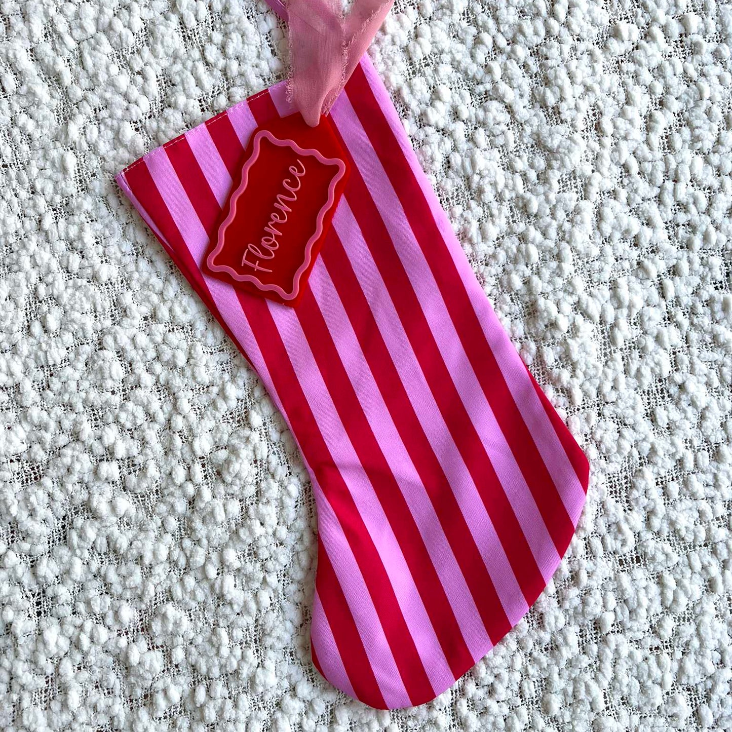 Pink and Red Stripe Christmas Stcoking with Matching Red and Pink Acrylic Name Tag