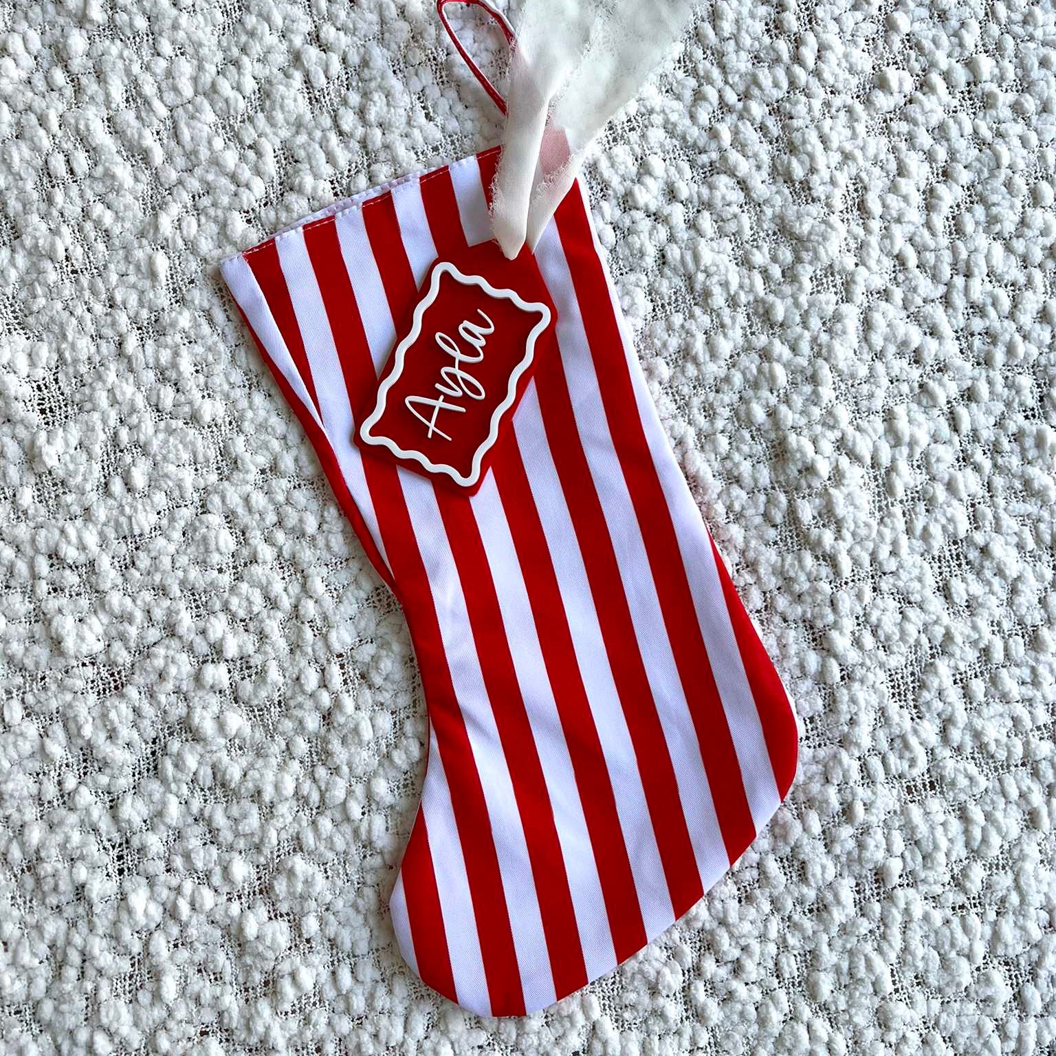 Red and White Stripe Christmas Stocking with Red and White Acrylic Name Tag