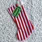 Red and White Stripe Christmas Stocking with Green and White Acrylic Name Tag