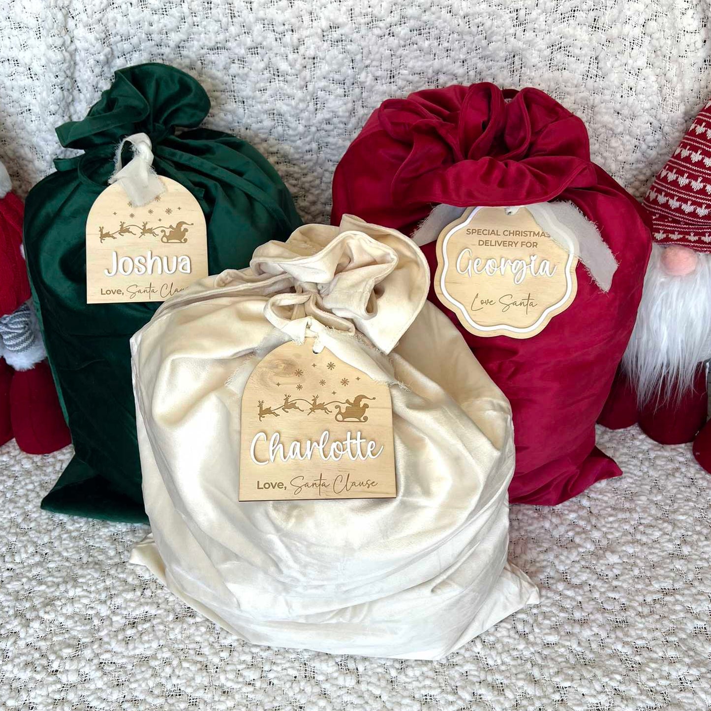 Red Velvet, Green Velvet and Cream Velvet Santa Sacks