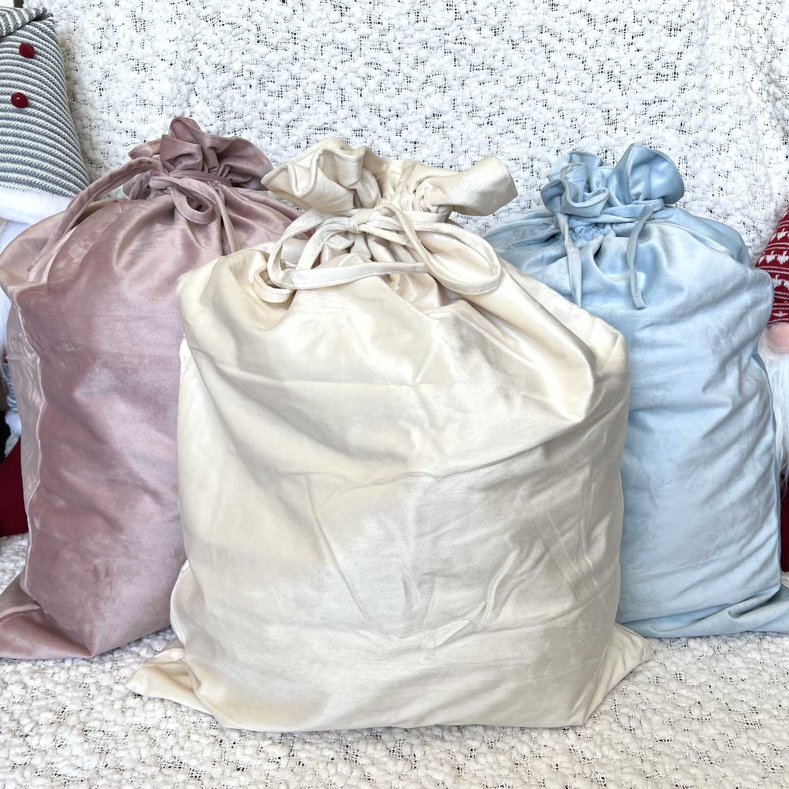 Luxury Velvet Santa Sacks in Pink, Cream and Blue