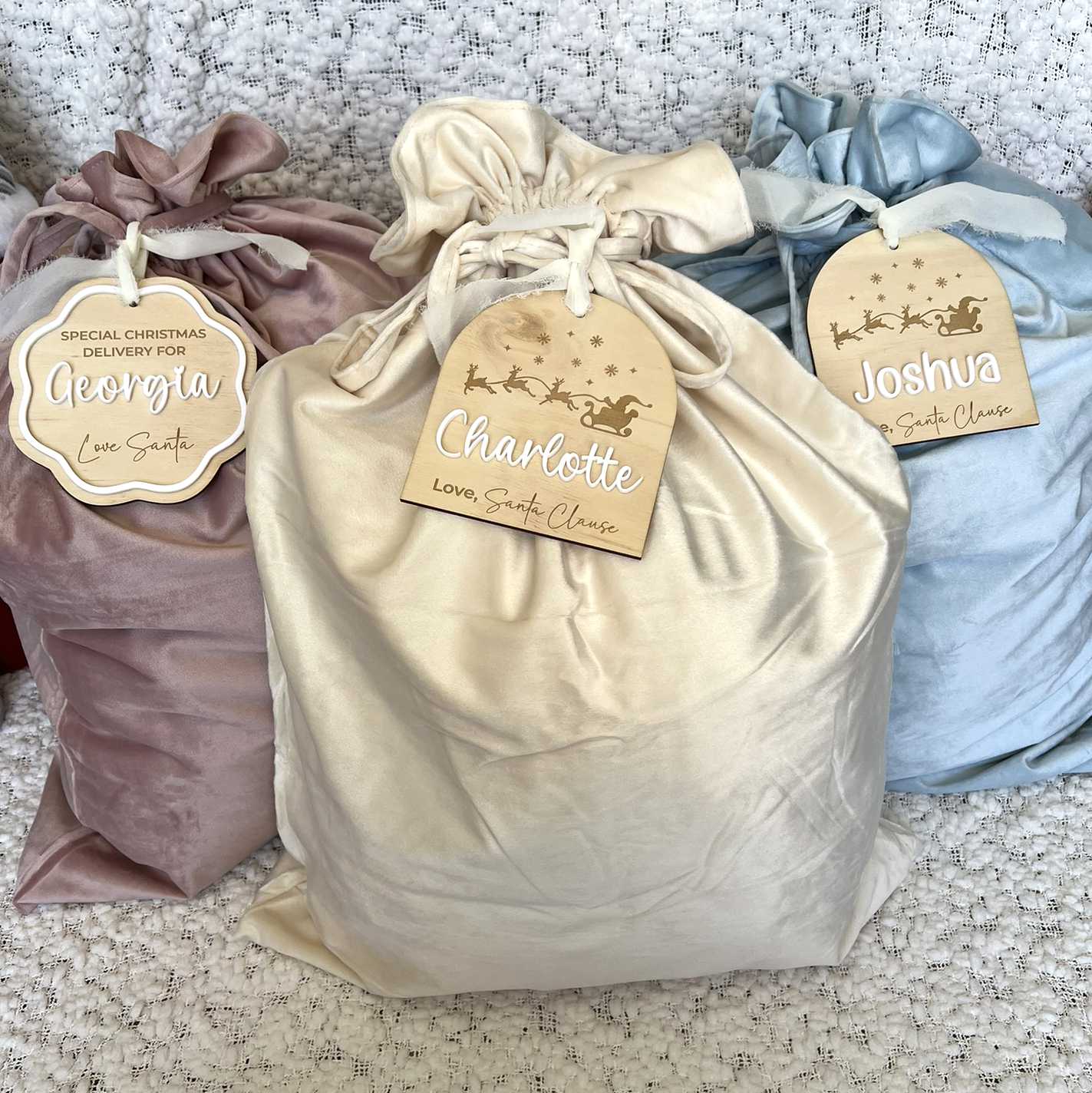 Pink Velvet Santa Sack, Cream Velvet Santa Sack and Blue Velvet Santa Sack