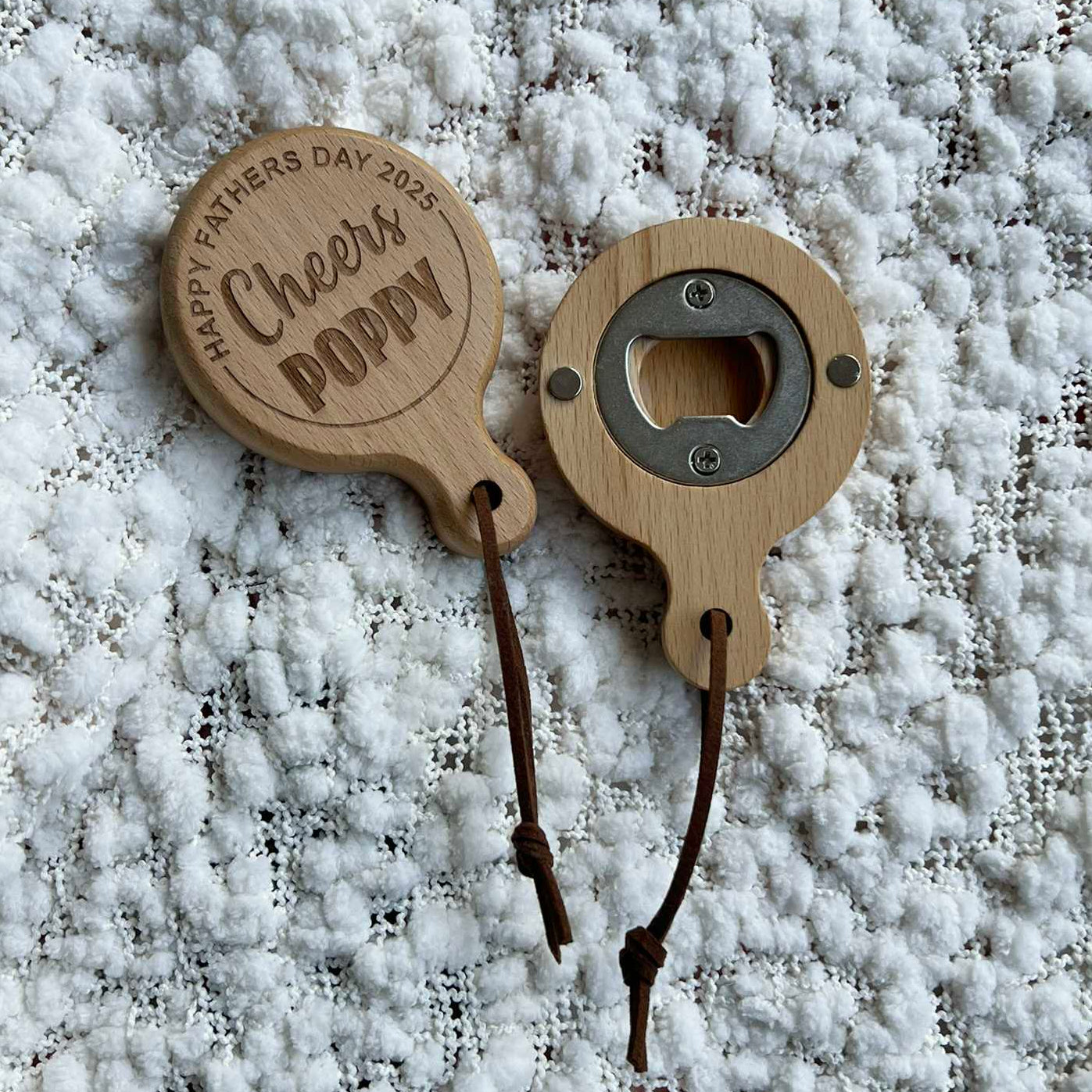 Personalised Fathers Day Wooden Magnetic Bottle Opener Cheers Poppy Design