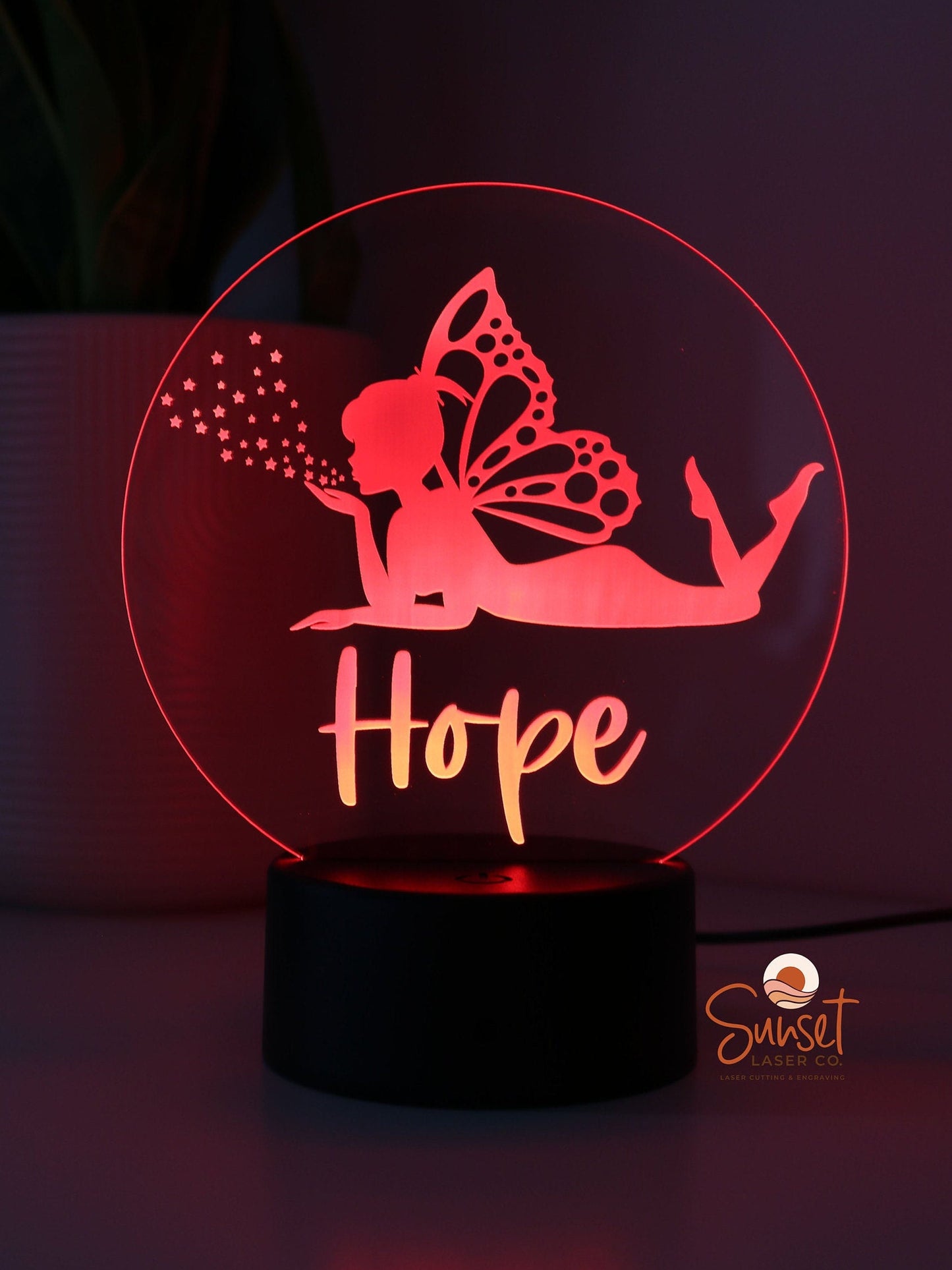 laser engraved Personalised Night Light Fairy design in baby soothing red glow 
