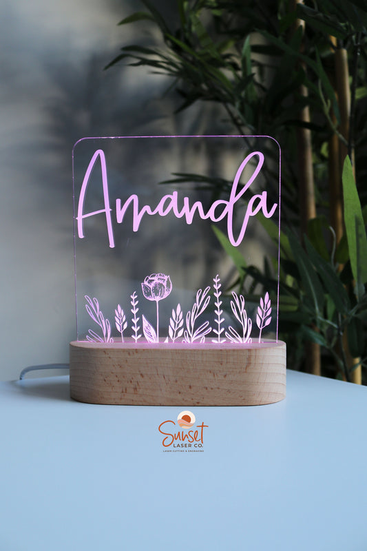 Wooden Personalised Night Light - Floral