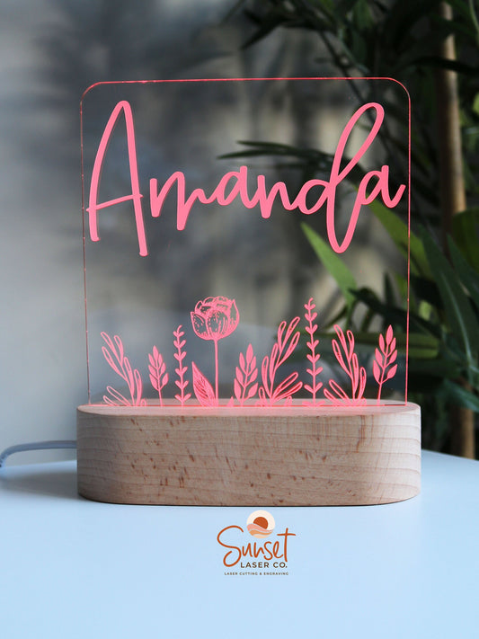 Wooden Personalised Night Light - Floral