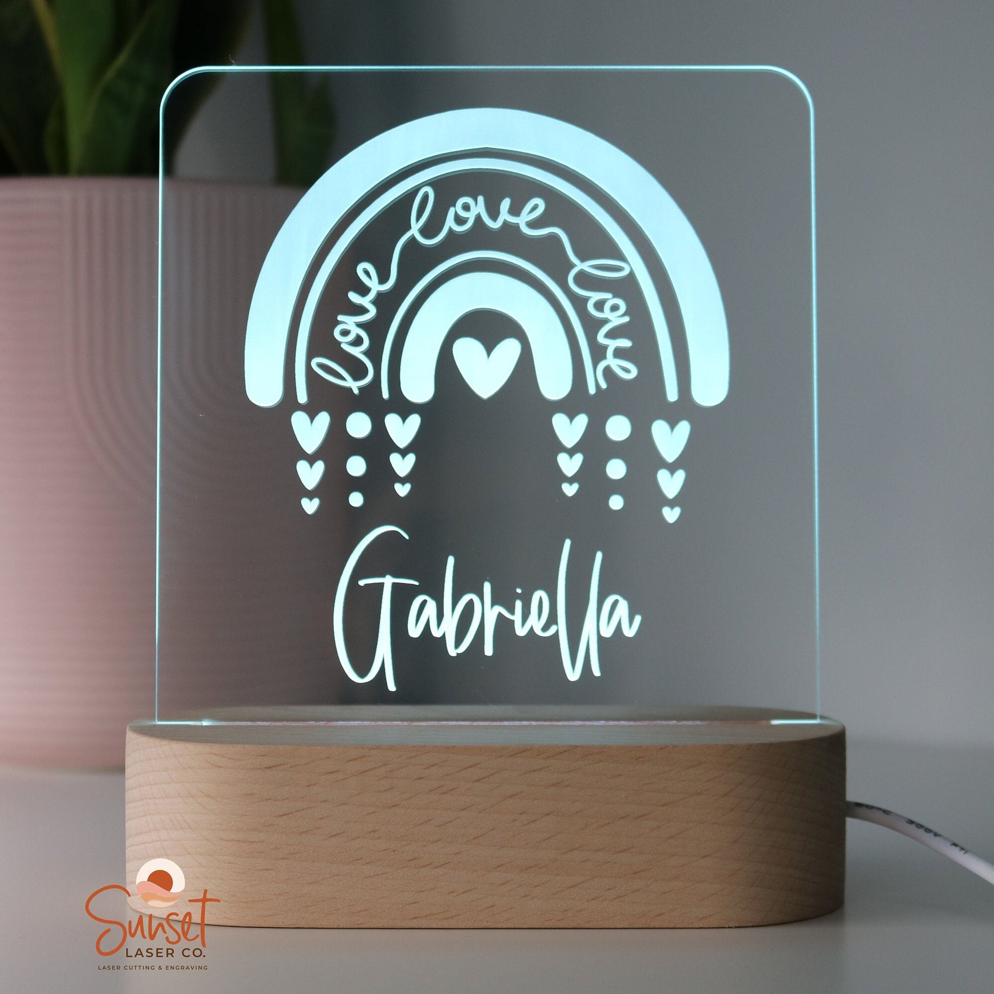 Wooden Personalised Night Light - Rainbow Hearts