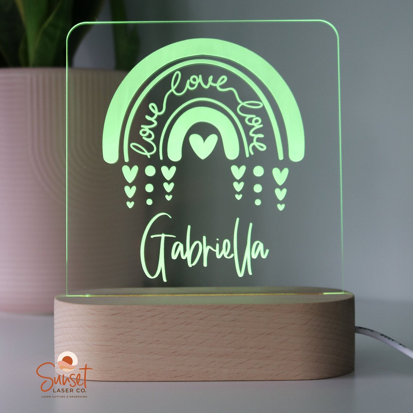 Wooden Personalised Night Light - Rainbow Hearts