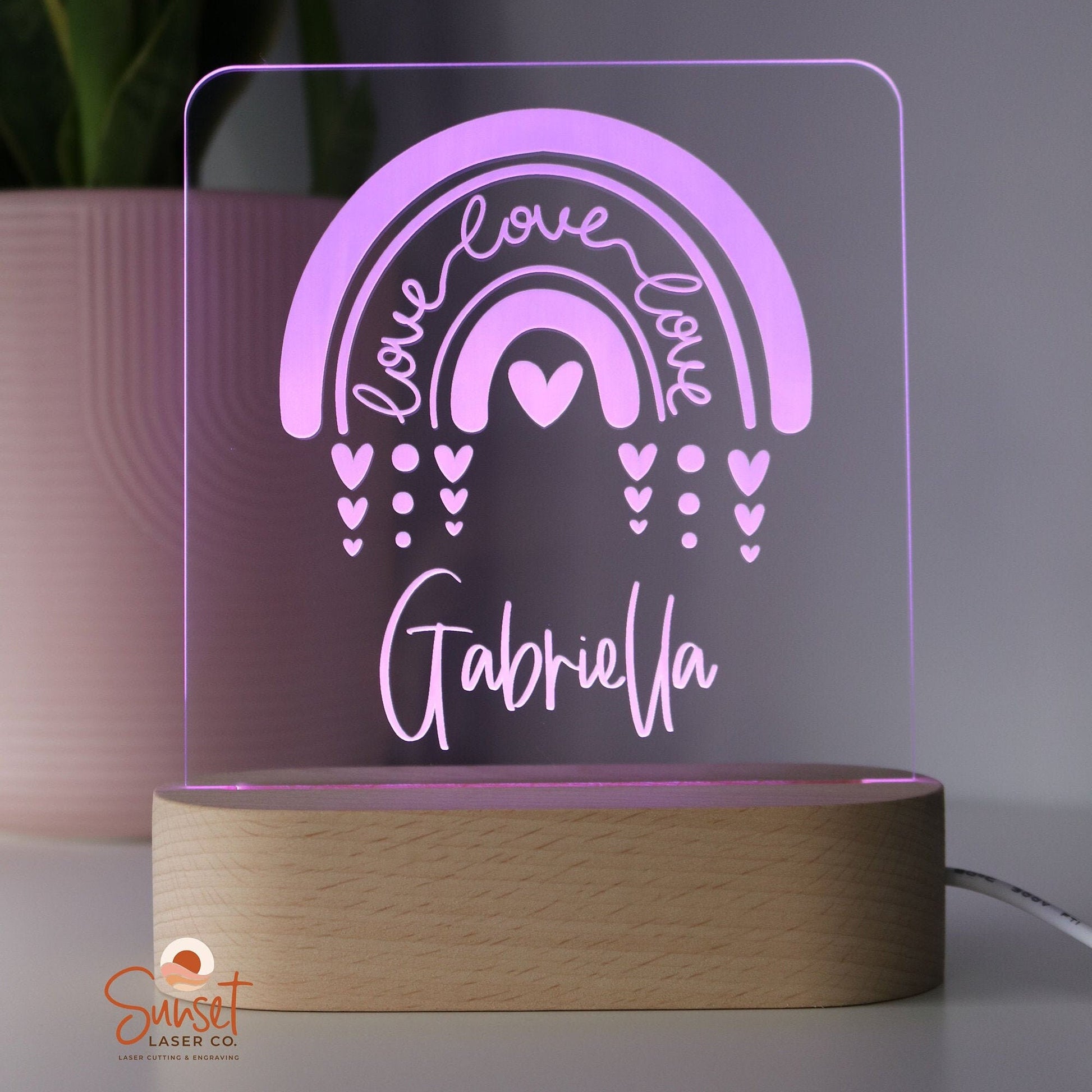 Wooden Personalised Night Light - Rainbow Hearts