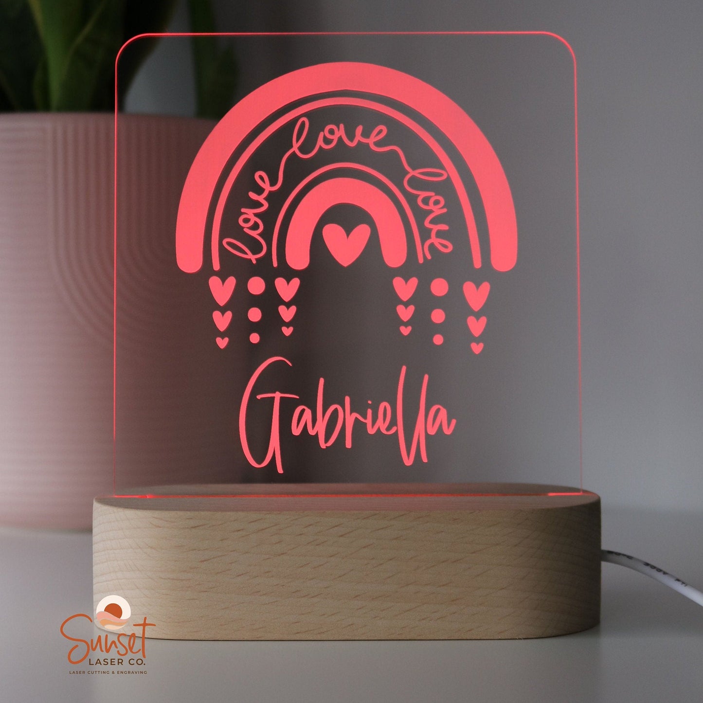 Wooden Personalised Night Light - Rainbow Hearts