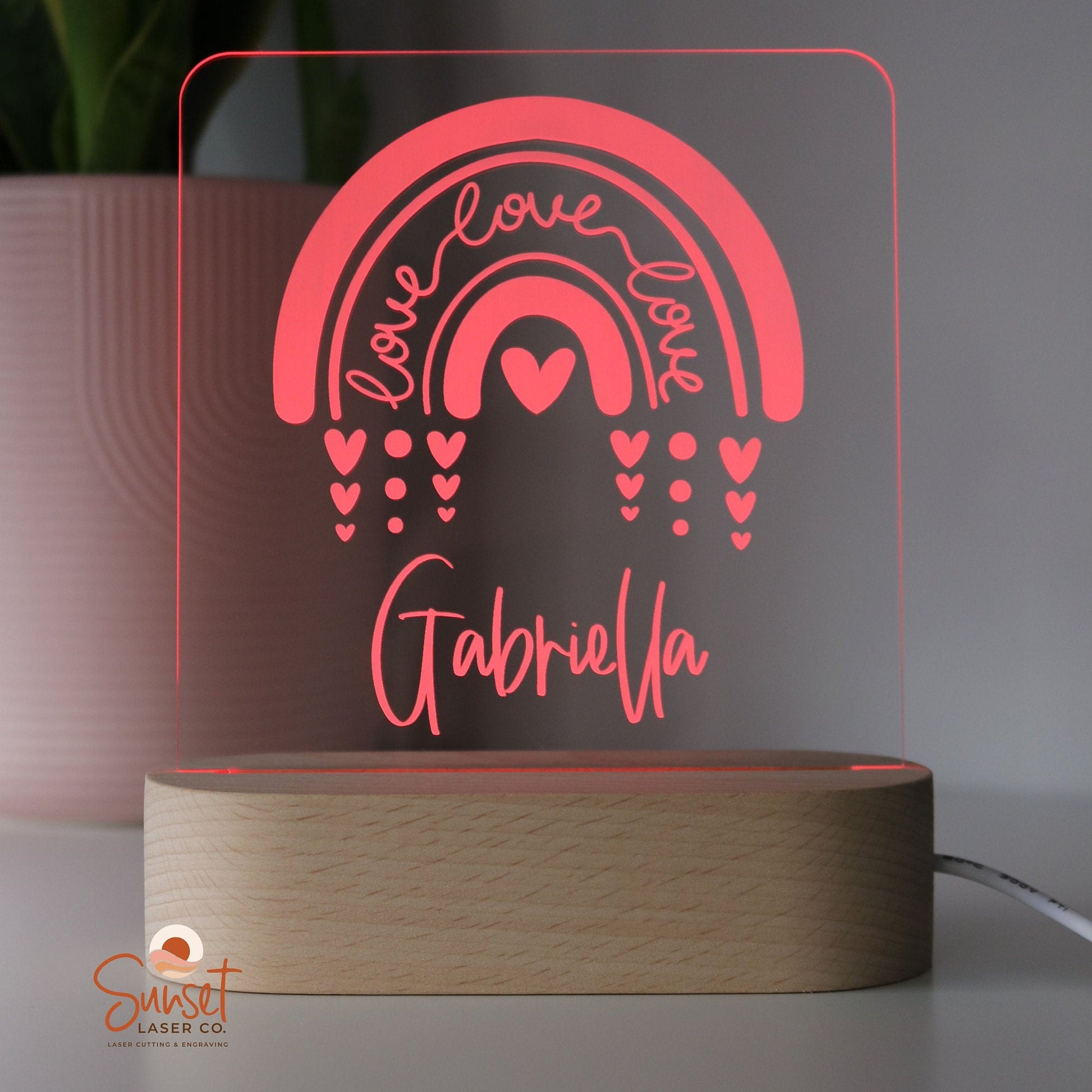 Wooden Personalised Night Light - Rainbow Hearts