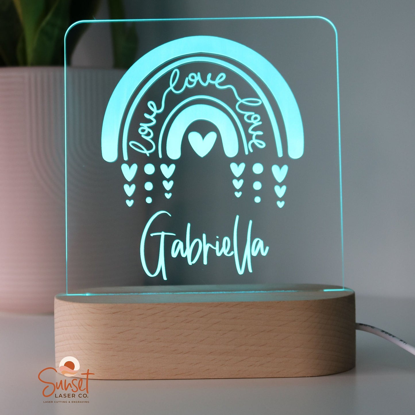 Wooden Personalised Night Light - Rainbow Hearts