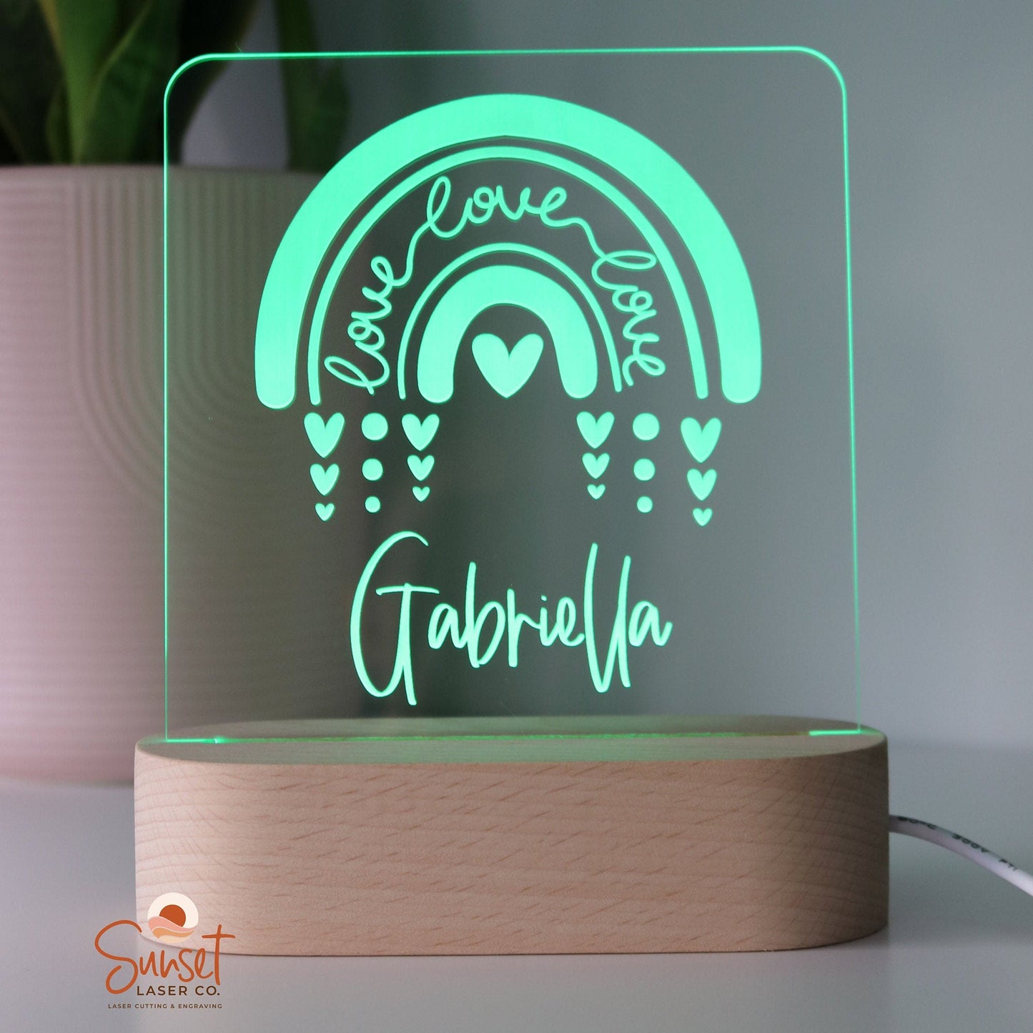 Wooden Personalised Night Light - Rainbow Hearts