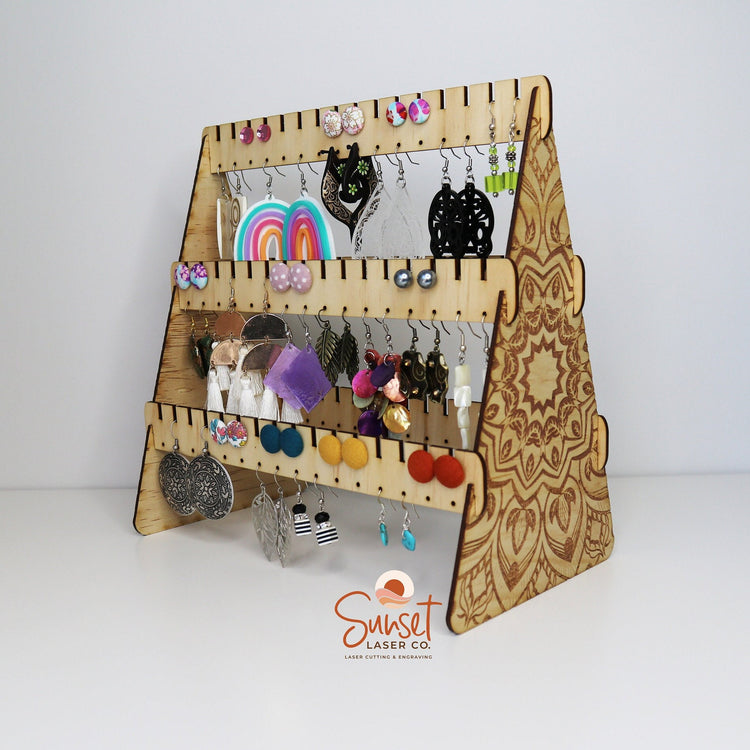 Wooden mandala earring stand with slots for dangles and studs