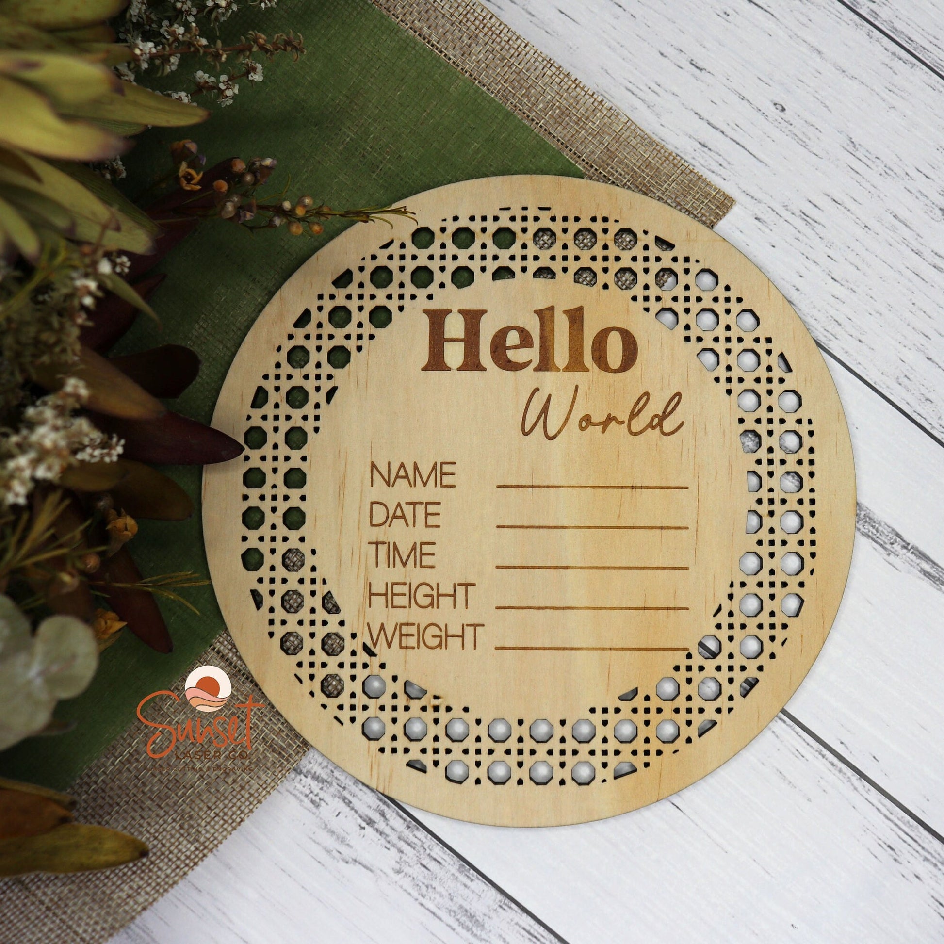 Rattan Baby Announcement Plaque - Round