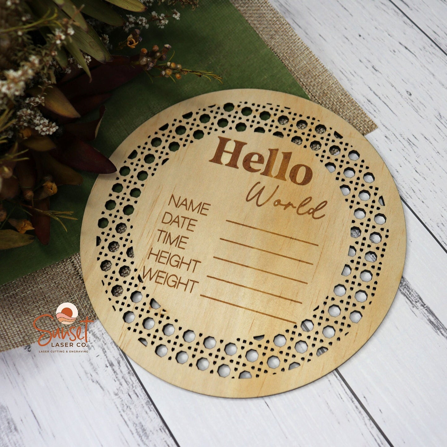 Rattan Baby Announcement Plaque - Round