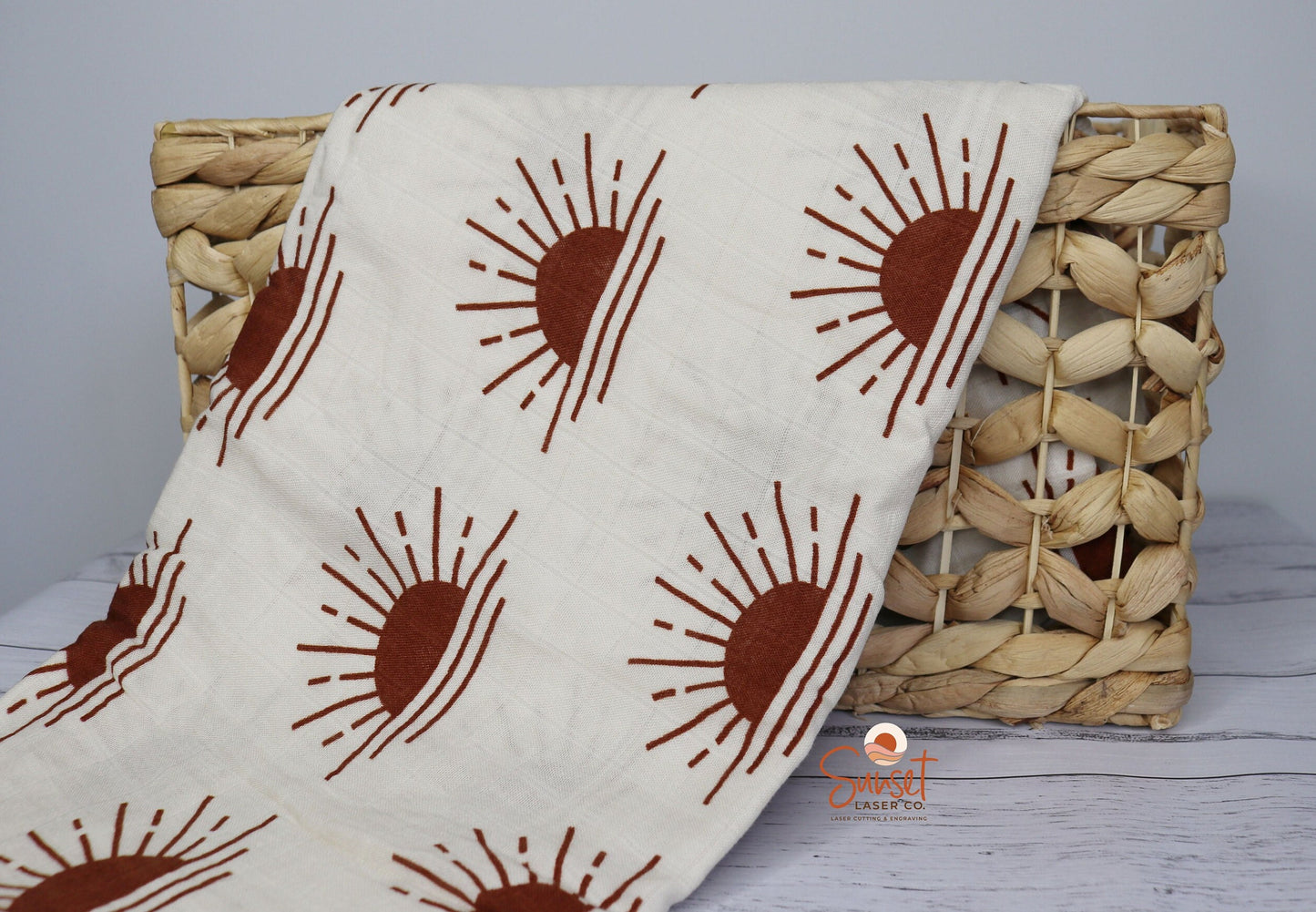 Bamboo Cotton Baby Muslin Wrap - Suns & Arches Rust Suns